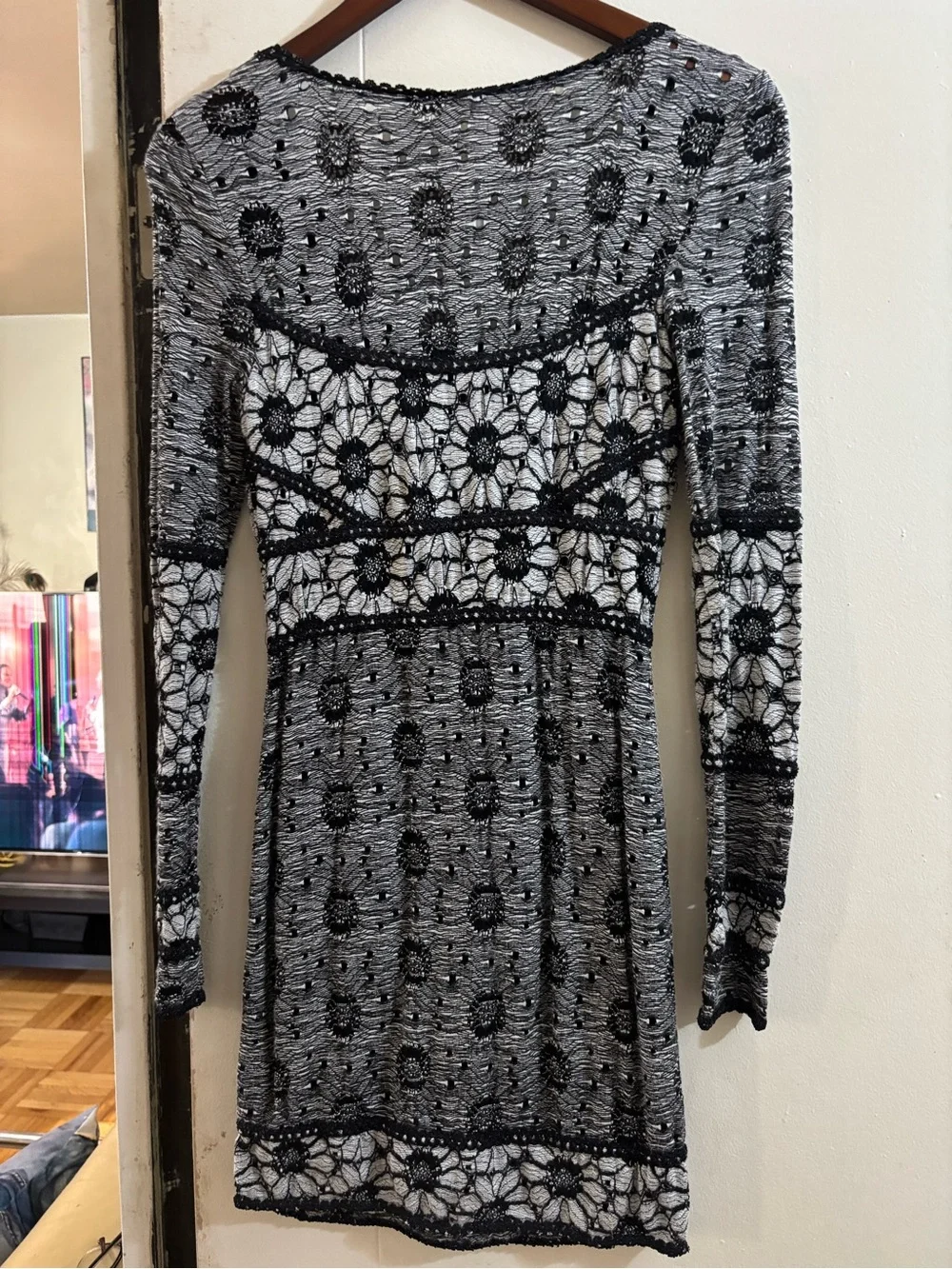 Free People Black and White Crochet Lace Long Sleeve Dress